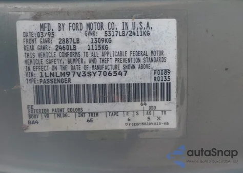 1995 Lincoln Continental из США, поврежденный, VIN 1LNLM97V3SY706547